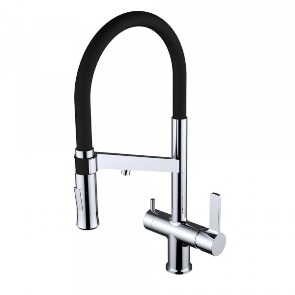 Grifo de cocina monomando 165mm 3 vías con 2 mandos y 2 salidas de agua para equipos de tratamiento